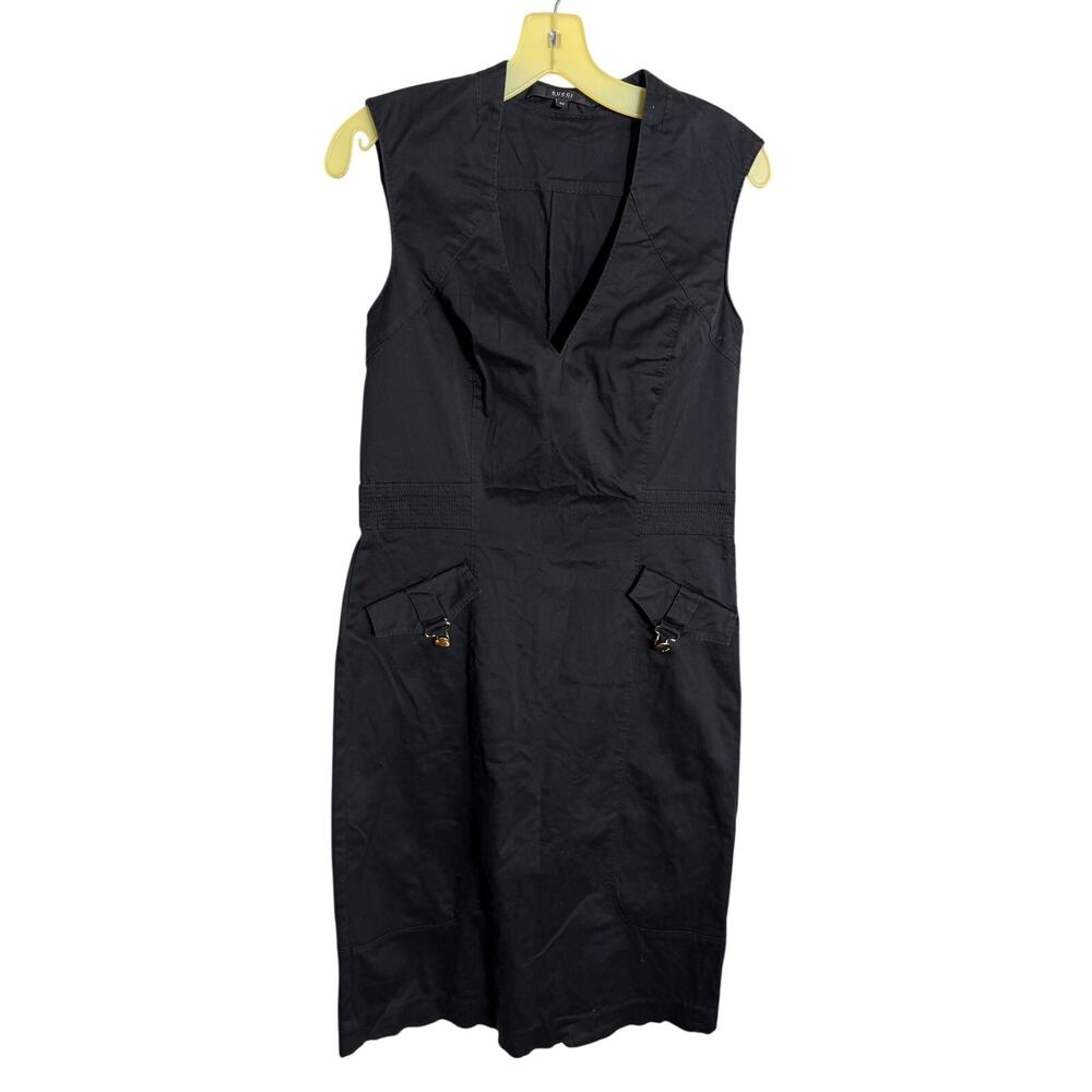Gucci Made in Italy Black Sleeveless Dress Gold Logo Hardware - IT 46